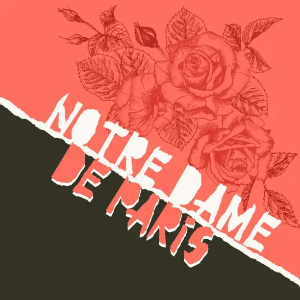 Vector illustration of Notre Dame de pary poser. Torn paper style. Roses flower theme Creative design background for social media post, publishing, blogs. Red and black color