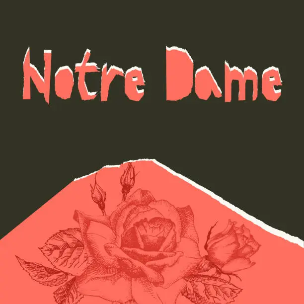 Vector illustration of Notre Dame de pary poser. Torn paper style. Roses flower theme Creative design background for social media post, publishing, blogs. Red and black color