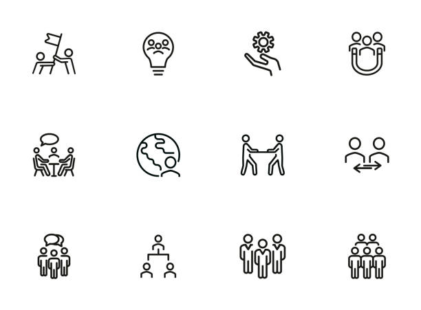 Cooperation icon set Cooperation icon set. Line icons collection on white background. Collaboration, achievement, teamwork. Company concept. Can be used for topics like business, marketing strategy, staff challenge icons stock illustrations