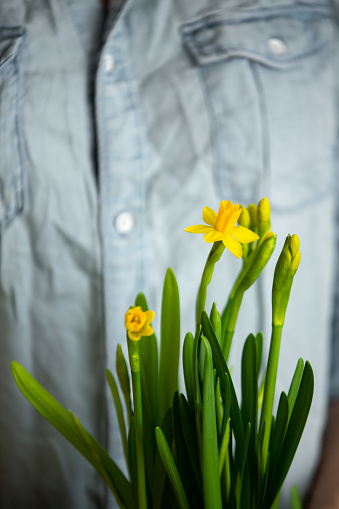 Spring background with copy space, easter daffodils, bouquet on  table.