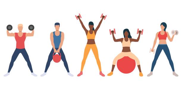 ilustraciones, imágenes clip art, dibujos animados e iconos de stock de colección de hombres y mujeres en el gimnasio - exercising gym health club women