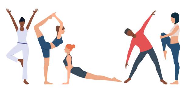 Set of fitness instructor practicing yoga Set of fitness instructor practicing yoga. Flexible young people strengthening body. Vector illustration for body conscious, presentation, promo pilates stock illustrations