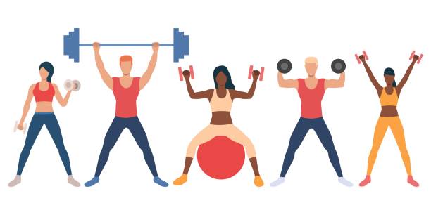 ilustrações de stock, clip art, desenhos animados e ícones de set of multiethnic people with weights - female muscular build athlete exercising