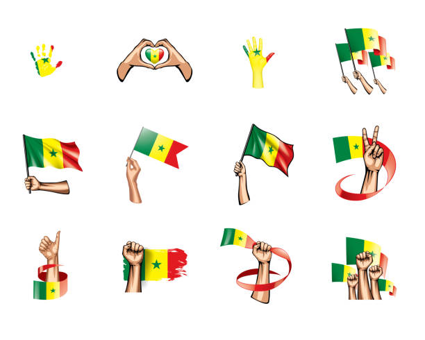 senegal-flagge und hand auf weißem hintergrund. vektorabbildung - flag of senegal stock-grafiken, -clipart, -cartoons und -symbole