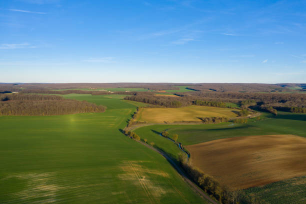 Campaign to location right of cuncy-Les-varzy at dusk This photo was taken in France, north of the Nièvre, in Cuncy-les-Varzy in winter and with a drone. We see the Niverne countryside at dusk and in the background of the forests. france village blue sky stock pictures, royalty-free photos & images