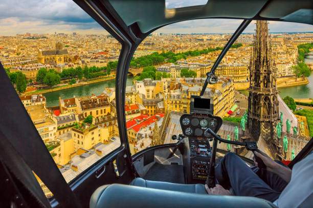 istock Helicopter on Notre Dame skyline 1143655605