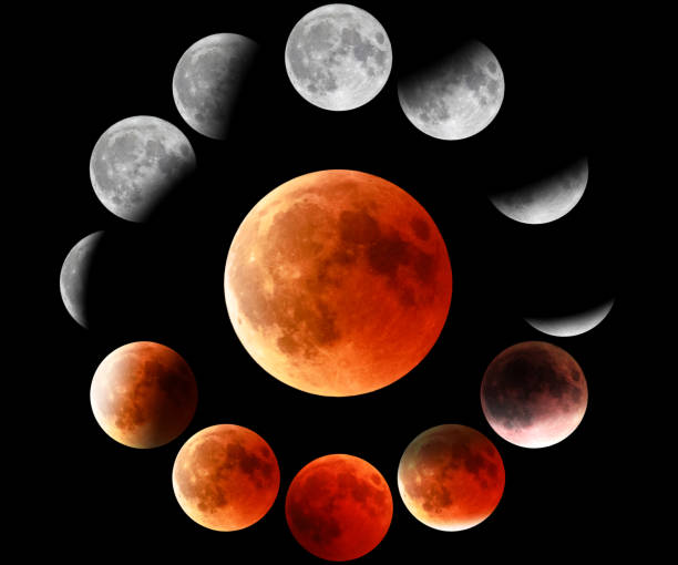 red moon phases in circle - moon change eclipse cycle imagens e fotografias de stock