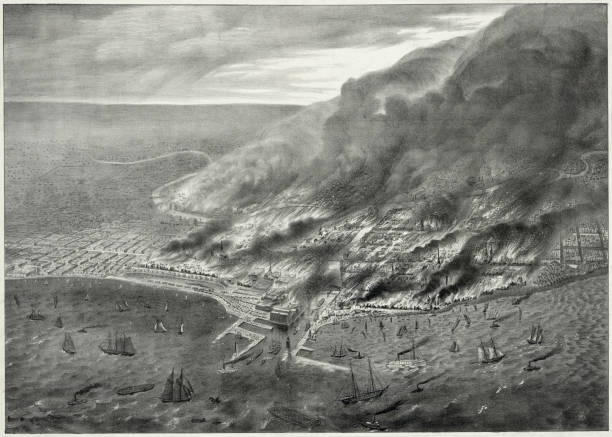 illustrazioni stock, clip art, cartoni animati e icone di tendenza di grande incendio di chicago del 1871 - 1871