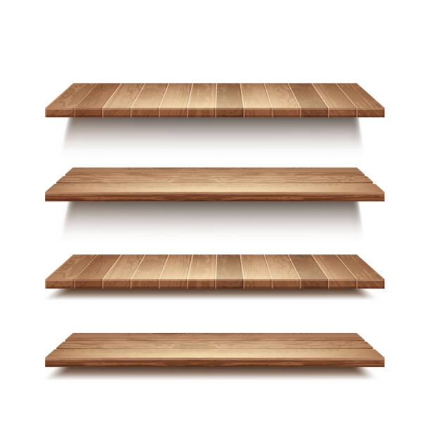 Vector realistic set of empty wooden shelves isolated on wall background Vector realistic set of empty wooden shelves isolated on white wall background wood table stock illustrations
