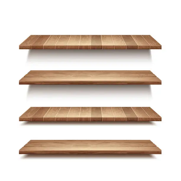 Vector illustration of Vector realistic set of empty wooden shelves isolated on wall background