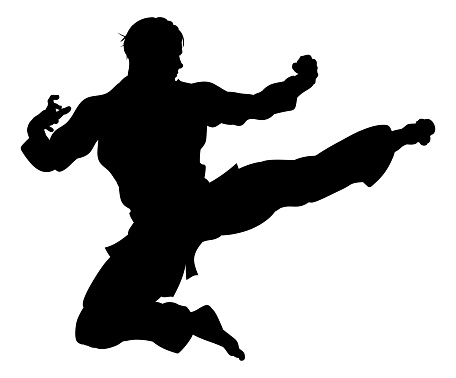 A karate or kung fu martial artist delivering a flying kick wearing gi in silhouette