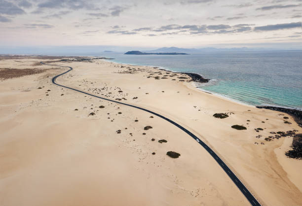 istock Aerial view of an empty road, through the sand dunes 1143672597
