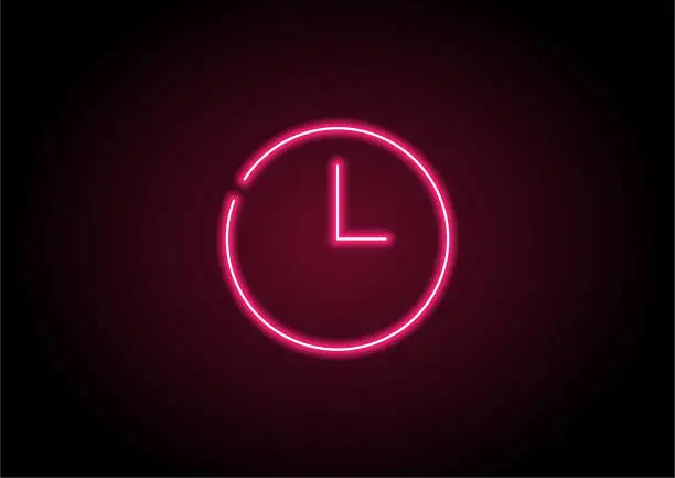 Vector illustration of Red Time Icon Neon Light On Black Wall