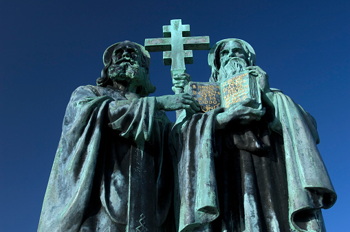 Statue of Saints Cyril and Methodius, inventors of the Glagolitic alphabet. Monument in Radhost, Czech republic.
