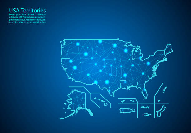istock Abstract mash line and point scales on dark background with map of USA Territories. Best Internet Concept of USA Territories business from concepts series. Wire frame 3D mesh polygonal network line and dots. 1143675115