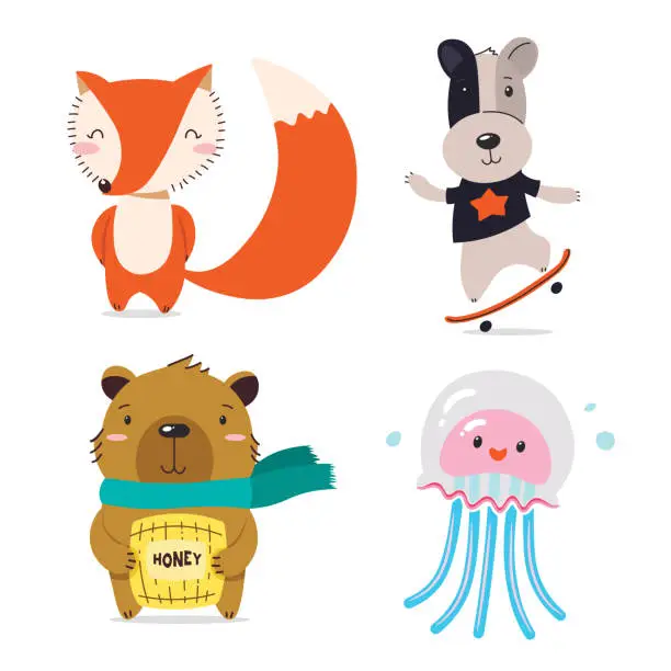 Vector illustration of Fox, dog, bear, jellyfish. Cute cool little animals smiling. Kawaii cartoon baby animal character set. Flat hand drawn illustration kid's poster. Child theme. T-shirt print, wear, greeting card.