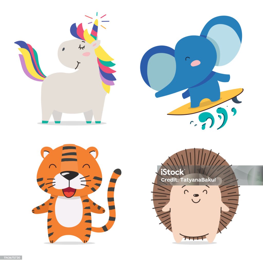 Ilustración de Unicornio Elefante Tigre Erizo Lindos Pequeños Animales Geniales Sonriendo Juego De Personajes De Animales De Dibujos Animados Kawaii Cartel De Niño Dibujado A Mano Plano Dibujo Tema Hijo Camiseta Con Ilustración de Unicornio Elefante Tigre Erizo Lindos Pequeños Animales Geniales Sonriendo Juego De Personajes De Animales De Dibujos Animados Kawaii Cartel De Niño Dibujado A Mano Plano Dibujo Tema Hijo Camiseta Con