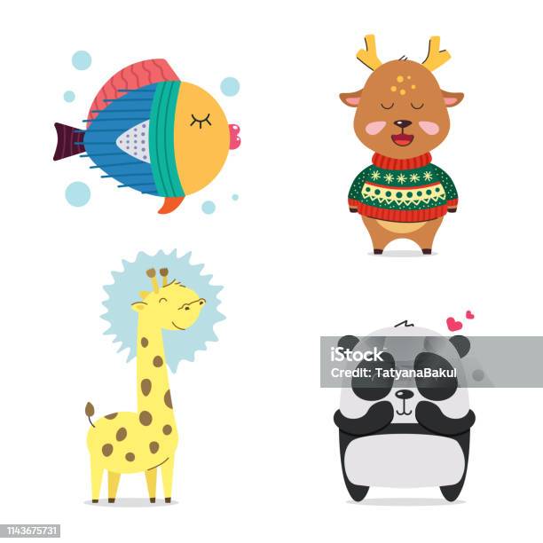 Fish Deer Giraffe Panda Cute Cool Little Animals Smiling Kawaii Cartoon Baby Animal Character Set Flat Hand Drawn Illustration Kids Poster Child Theme Tshirt Print Wear Greeting Card Stock Illustration - Download Image Now