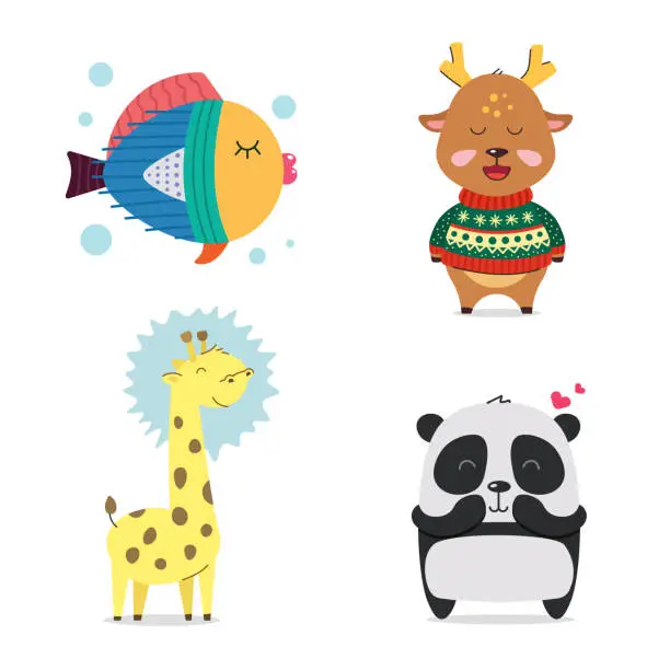 Vector illustration of Fish, deer, giraffe, Panda. Cute cool little animals smiling. Kawaii cartoon baby animal character set. Flat hand drawn illustration kid's poster. Child theme. T-shirt print, wear, greeting card.
