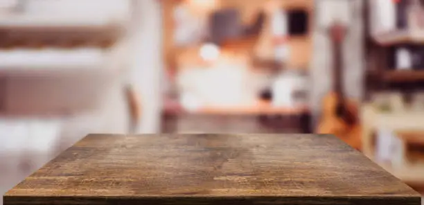 Photo of Perspective wood table counter in home office.Empty wooden tabletop with blurred music workplace background.Mock up template for display or montage of your design,Banner for advertise of product