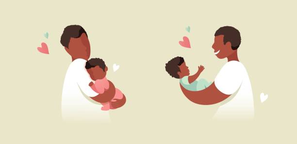 African Black Father Holding Baby Son and Daughter In Arms. Vector Illustration Of African Black Father Holding Baby Son and Daughter In Arms. Cartoon Flat Illustration. play day stock illustrations