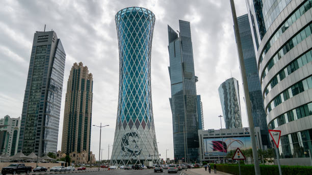 Skyscrapers in Financial District skyline in West Bay, Doha, Qatar Doha, Qatar - February 2019: Skyscrapers in Financial District skyline in West Bay, Doha, Qatar qatar emir stock pictures, royalty-free photos & images