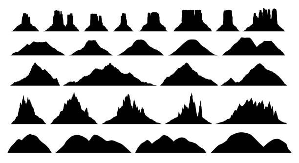 Silhouettes of different mountain types Silhouettes of different mountain types , big vector set, illustrations of plateau, hill, rock, highland, volcano silhouettes isolated on white Plateau stock illustrations