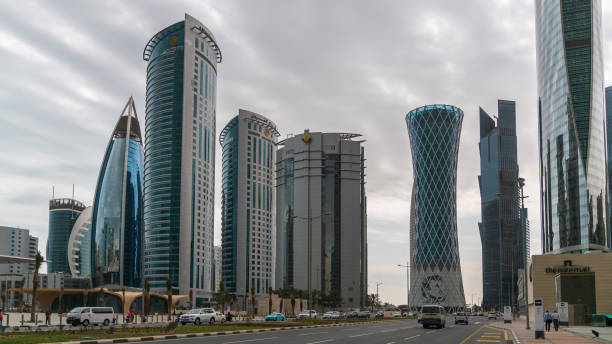 Skyscrapers in Financial District skyline in West Bay, Doha, Qatar Doha, Qatar - February 2019: Skyscrapers in Financial District skyline in West Bay, Doha, Qatar qatar emir stock pictures, royalty-free photos & images