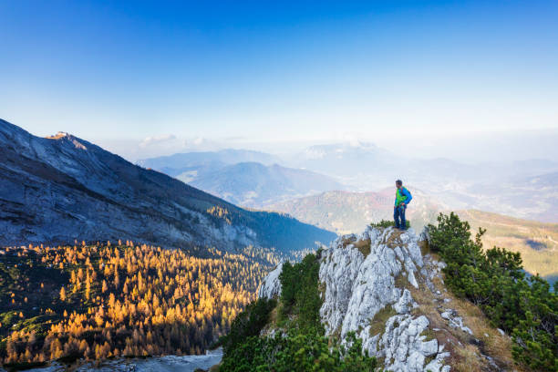 bold - alone rock climber is standing at rock ledge - passion mountain range mountain national park imagens e fotografias de stock