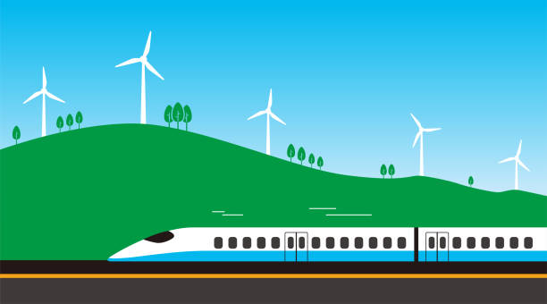ilustrações de stock, clip art, desenhos animados e ícones de high-speed rail travel on the road with wind generator - high speed train