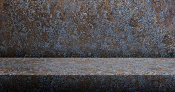3D rusty metal table studio background textured for product display with copy space for display of content design.Banner for advertise product on website.3d rendering