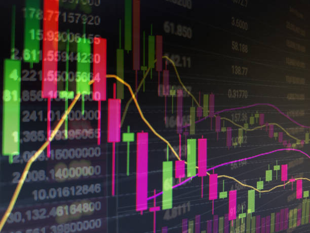 Stock market trading graph with indicators, business candles and price quotes. Blurred forex trading diagram and finance chart on monitor. stock photo