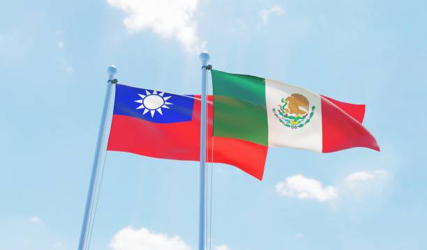 istock Mexico and Taiwan, two flags waving against blue sky 1143690052