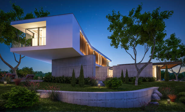 istock 3d rendering of modern house on the hill with pool in night 1143691304