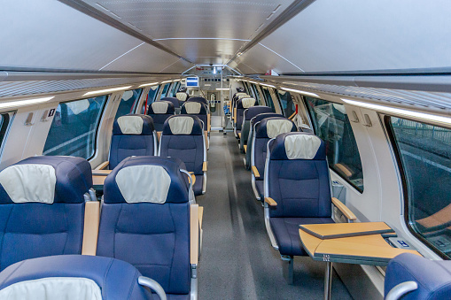 Stralsund, germany, December 12, 2014 - 1st class compartment in a modernized Double-Decker Train of Deutsche Bahn.