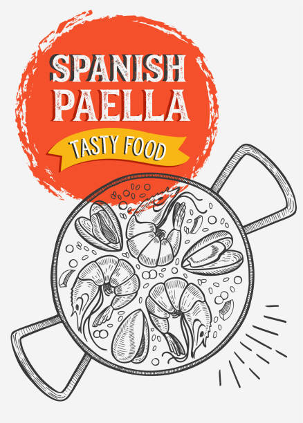 Spanish food illustration - paella for restaurant. Vector hand drawn poster for catalan cafe and bar. Design with lettering and doodle vintage graphic. Spanish food illustration - paella for restaurant. spanish food stock illustrations