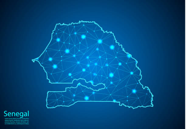 istock Abstract mash line and point scales on dark background with map of senegal. Best Internet Concept of senegal business from concepts series. Wire frame 3D mesh polygonal network line and dots. 1143696451