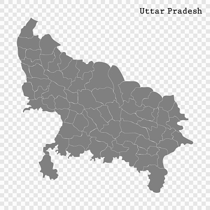 High Quality map of Uttar Pradesh is a state of India, with borders of the districts