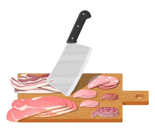 Vector illustration of Cutting board, butcher cleaver and piace of meat.