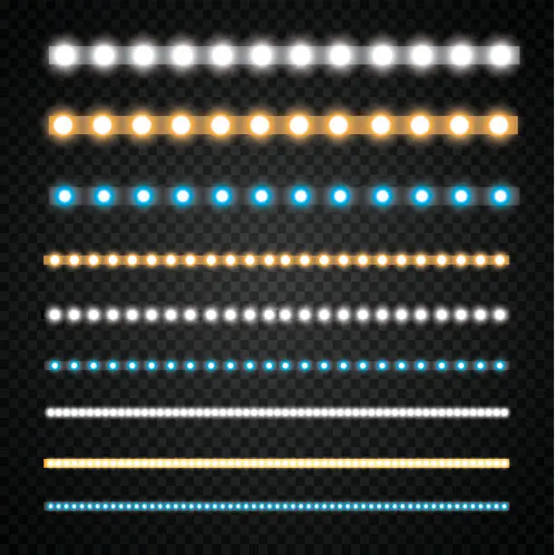 Vector illustration of Various LED stripes on a black and transparent background, glowing LED garlands