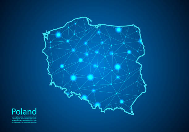 폴란드의 지도와 어두운 배경의 추상 매쉬 라인과 포인트 스케일. 개념 시리즈에서 폴란드 비즈니스의 최고의 인터넷 개념입니다. 와이어 프레임 3d 메쉬 다각형 네트워크 라인과 도트. - poland stock illustrations