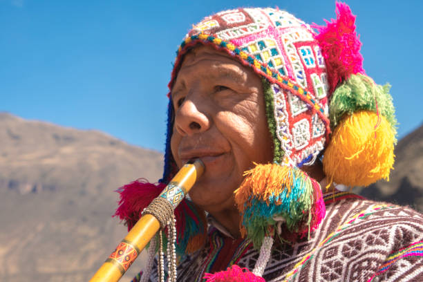 istock Senior man dressing traditional peruvian clothing and playing flute 1143698233