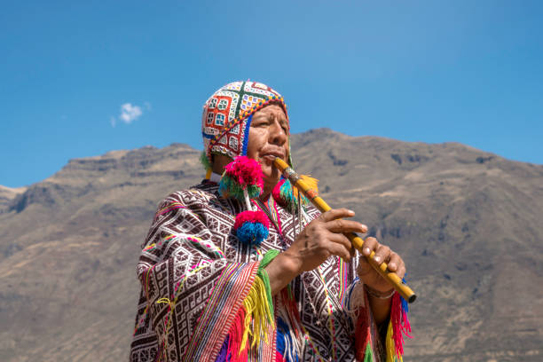 istock Senior man dressing traditional peruvian clothing and playing flute 1143698235