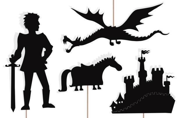 drachen-, ritter-, schloss-und pferdeschattenpuppen. - valiant stock-grafiken, -clipart, -cartoons und -symbole