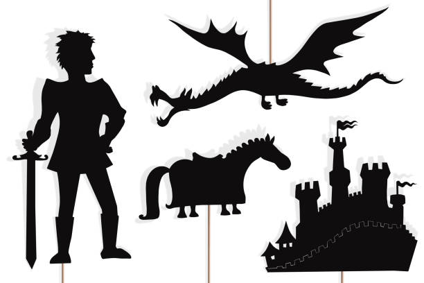 ilustraciones, imágenes clip art, dibujos animados e iconos de stock de dragón, caballero, castillo y títeres de sombras de caballos. - valiant