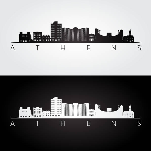 stockillustraties, clipart, cartoons en iconen met athene, georgia usa skyline en monumenten silhouet, zwart-wit design, vector illustratie. - athens