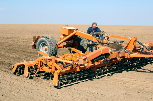 Cultivator prepares spring field for seeding. Farmer adjusts the machine.