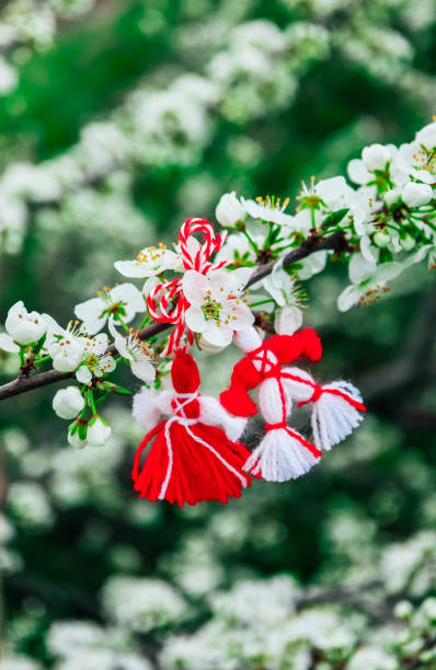 istock Bulgarian traditional spring decor martenitsa on the blossom tree background. Baba Marta holiday. 1143701011