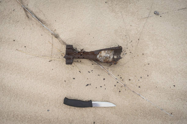 Old war explosion materials. Exploring beach