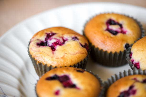 Homemade blueberry muffins in a plate stock photo
